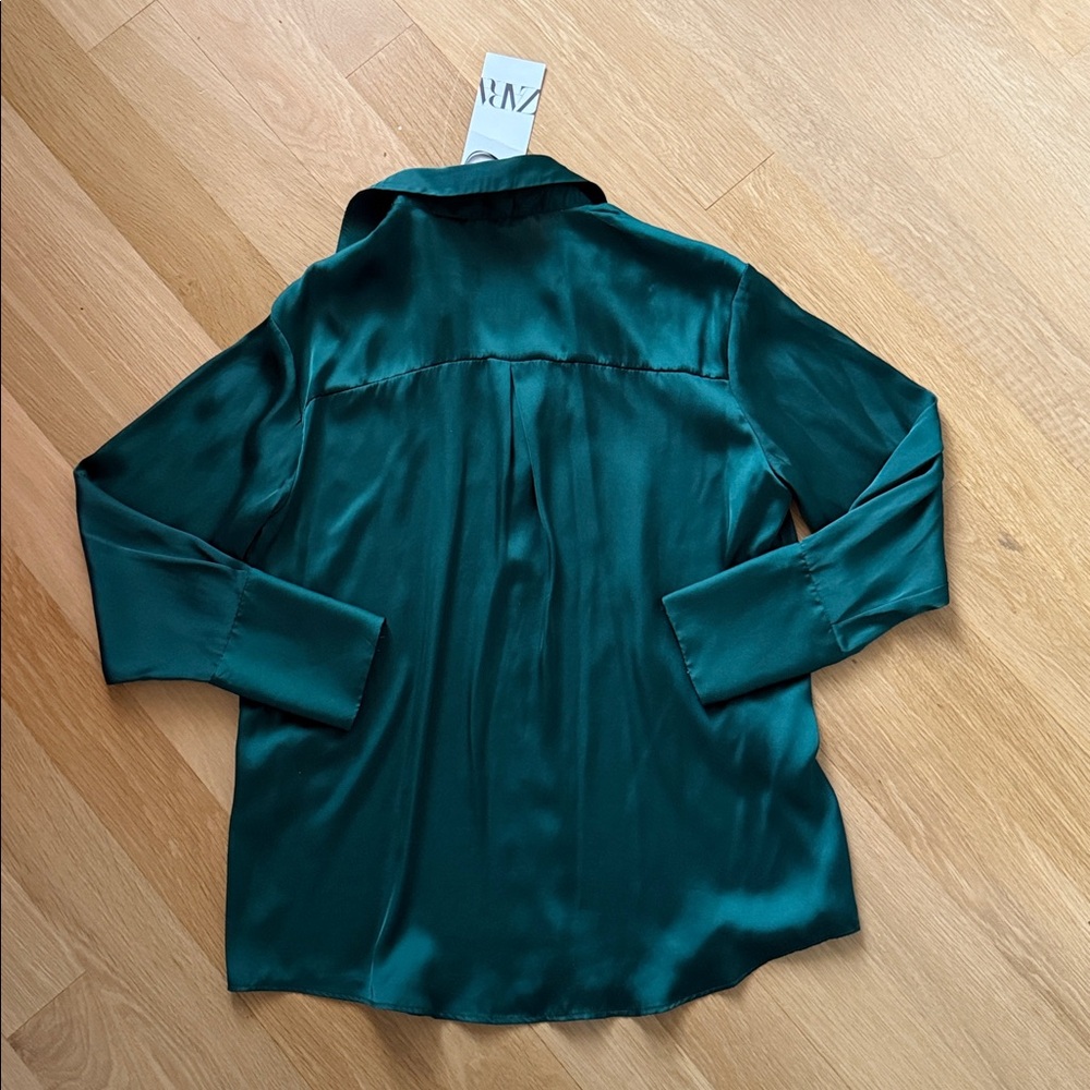 NWT Zara Green Satin Effect Shirt - Picture 4 of 4